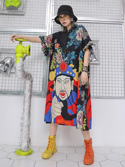 Casual Retro Printed Loose Midi Dress
