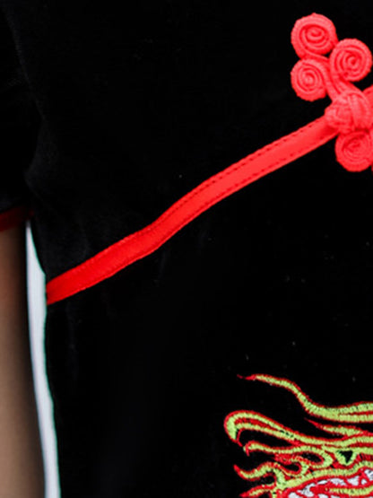 Original Dragon Embroidered Stand Collar Short Sleeves Long Cheongsams