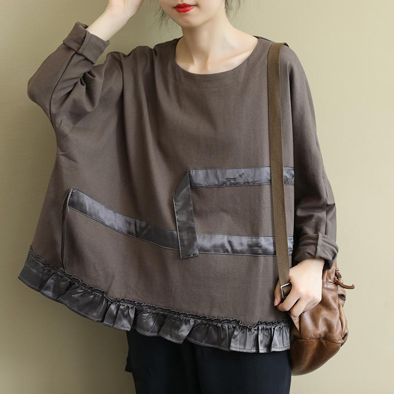 Buykud Ruffled Hem Applique Stripe Casual Loose Blouse