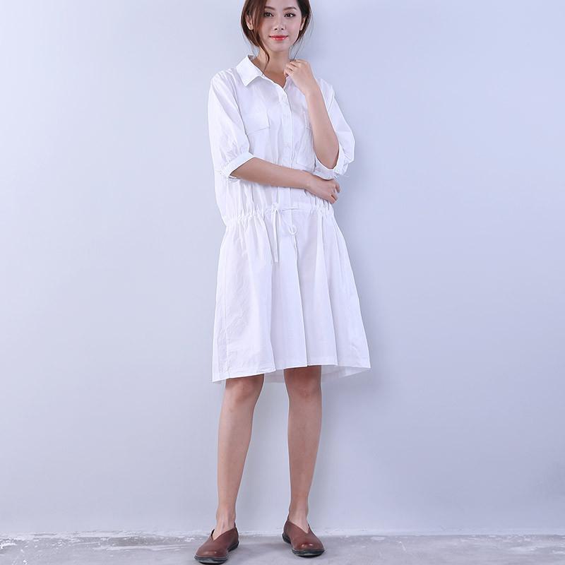 Cotton Loose Pocket Women Lacing White Dress