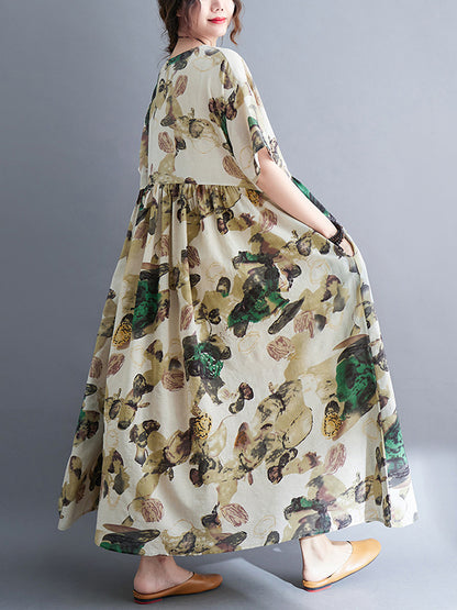 Original Artistic Retro Loose Pleated Floral Printed Midi Dress