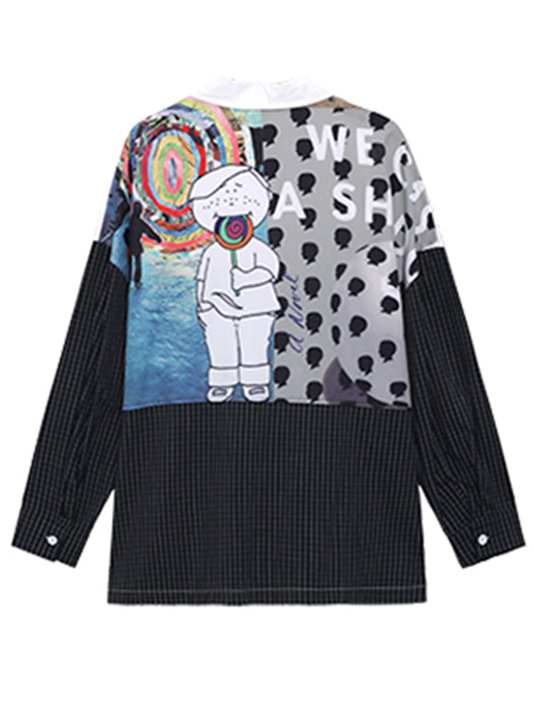 Stylish Cartoon Printed Plaid Split-Joint Lapel Collar Long Sleeves Blouse