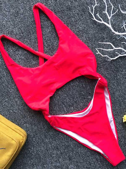 Backless Plain One-piece Swimsuit