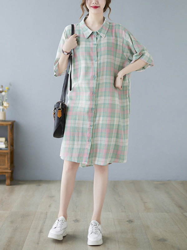 Urban Plaid Half Sleeve Lapel Shirt Dress