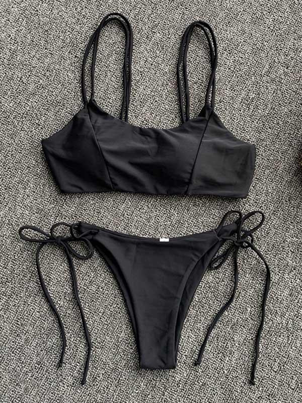 Solid Color Lace-Up Bikini Swimsuit