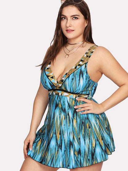 Plus Tropical Criss Cross Backless One Piece Swimsuit