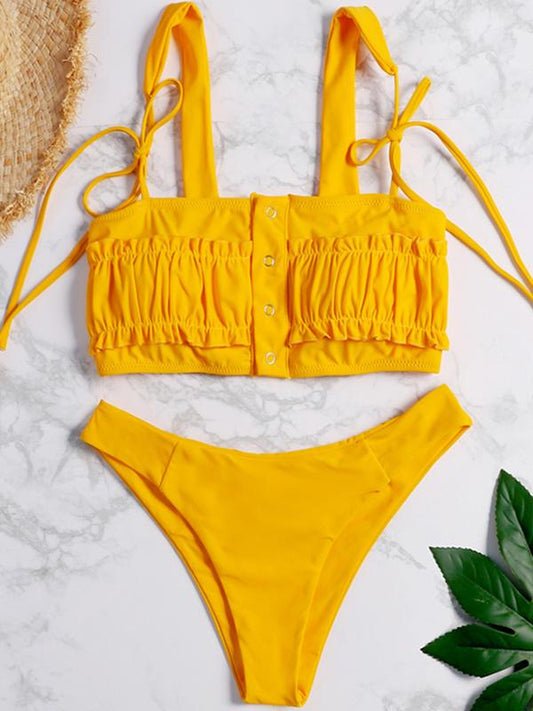 Ruched Plain Yellow Bikini Swimsuit