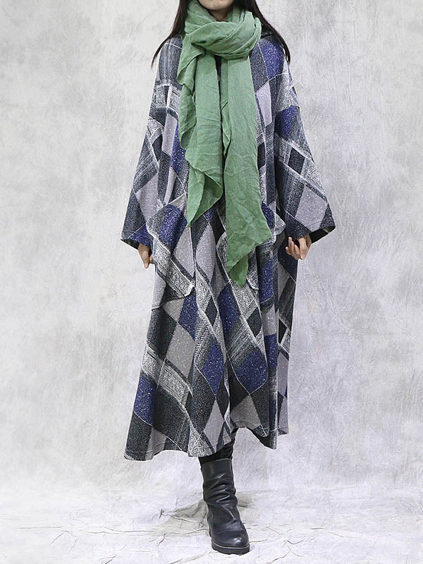 Artistic Retro Plaid Drawstring Hooded Midi Dress