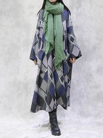 Artistic Retro Plaid Drawstring Hooded Midi Dress