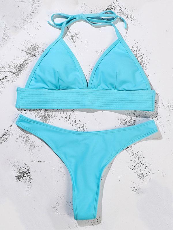 Solid Color Triangles Bandage Split Bikini Swimsuit