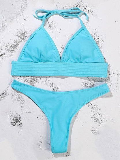 Solid Color Triangles Bandage Split Bikini Swimsuit