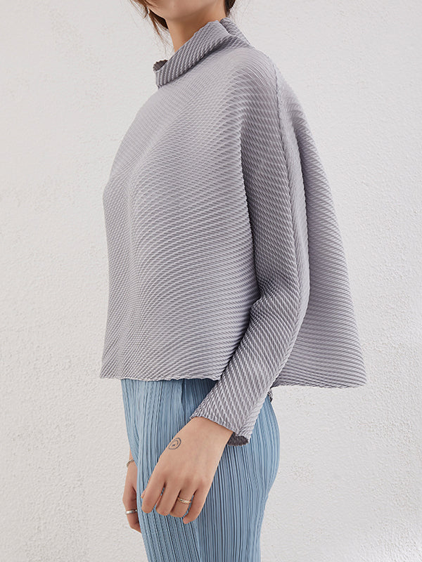 Loose Long Sleeves Pleated Solid Color High-Neck T-Shirts Tops