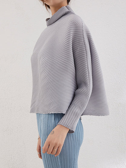 Loose Long Sleeves Pleated Solid Color High-Neck T-Shirts Tops
