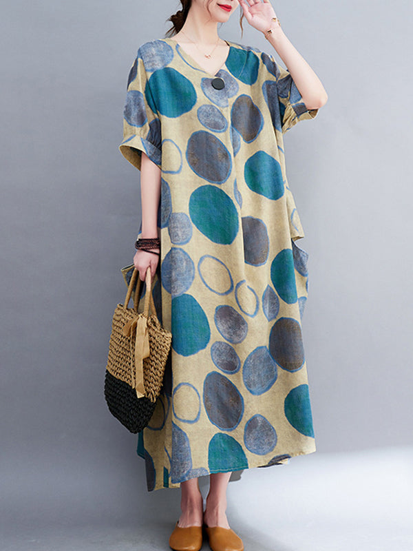 Original Artistic Retro Polka-Dot Ramie Cotton Midi Dress