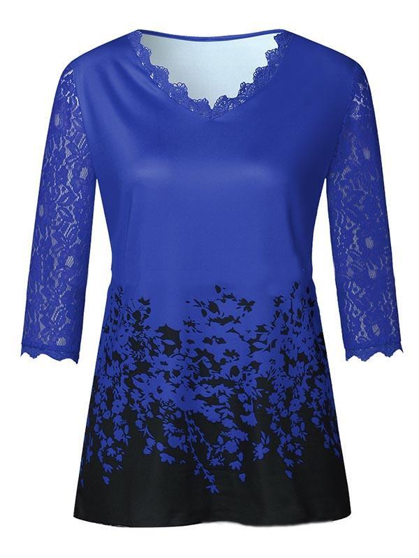 V-Neck Elbow Sleeves Lace Printed Loose Blouse