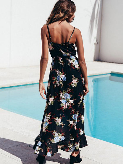 Floral Printed V-neck Sexy Maxi Dress