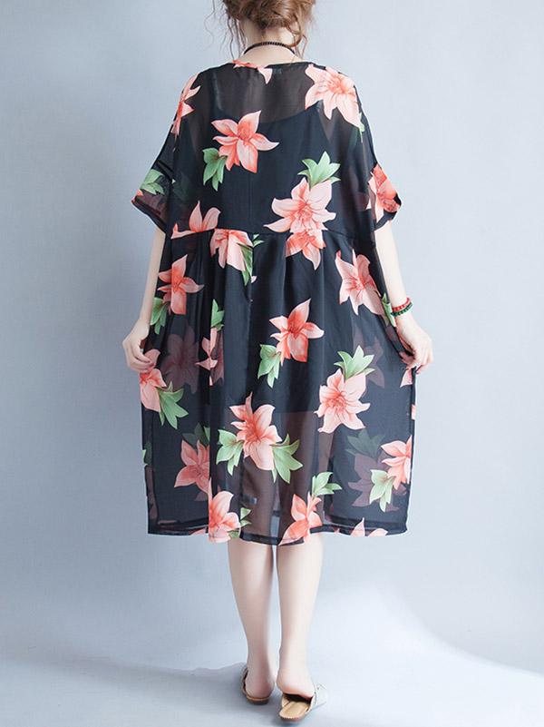 Literary Flower Chiffon Long Dress