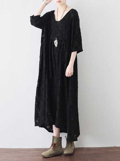 Loose Lace Hollow Cropped V-Neck Long Dress