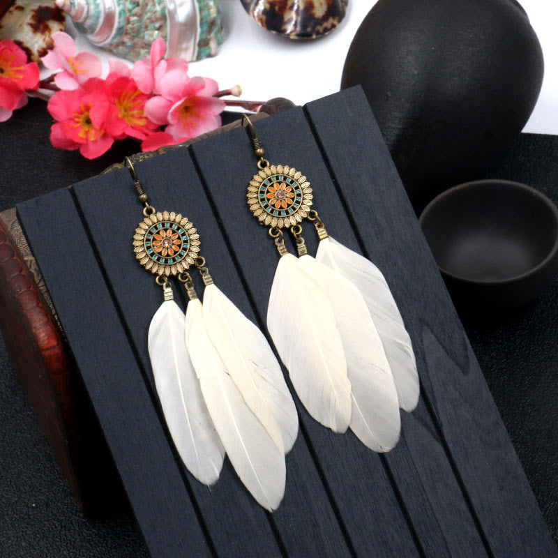 Retro Sunflower Feather Fringed Earrings