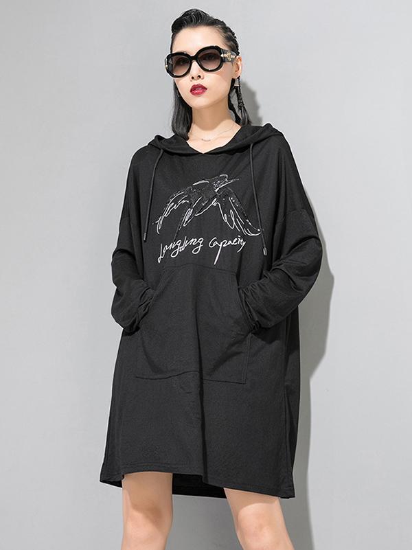 Loose Printed Black Hoodie