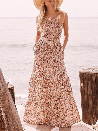 Printed Backless Halterneck Maxi Dress