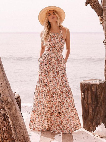 Printed Backless Halterneck Maxi Dress