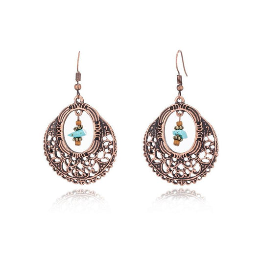 Fashion vintage alloy earrings popular openwork round flower turquoise earrings