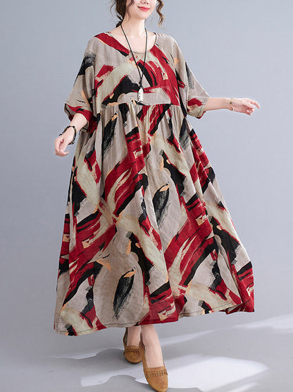 Artistic Retro Abstract Printed Pleated Round-Neck Half Sleeves Midi Dress