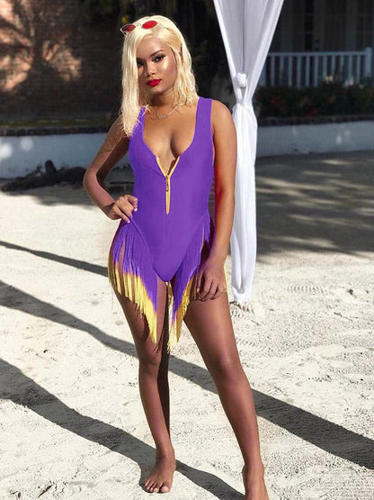 Gradient Tassels Zipper One Piece Swimsuit