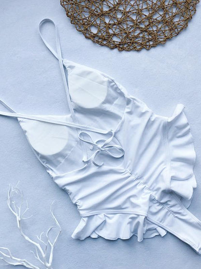 Plain Falbala Backless One Piece Swimsuit