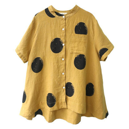 Dot Cotton Linen Short Sleeve Blouse M-3XL