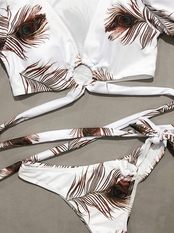 V-Neck Bandage Short Sleeves Printing Bikini Swimsuit