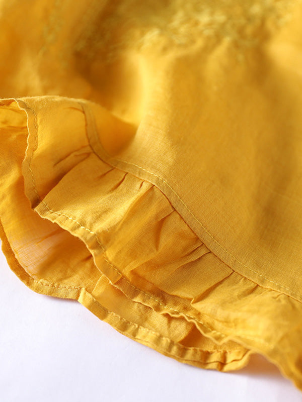 Ramie Cotton Embroidered Round-Neck T-Shirts Tops