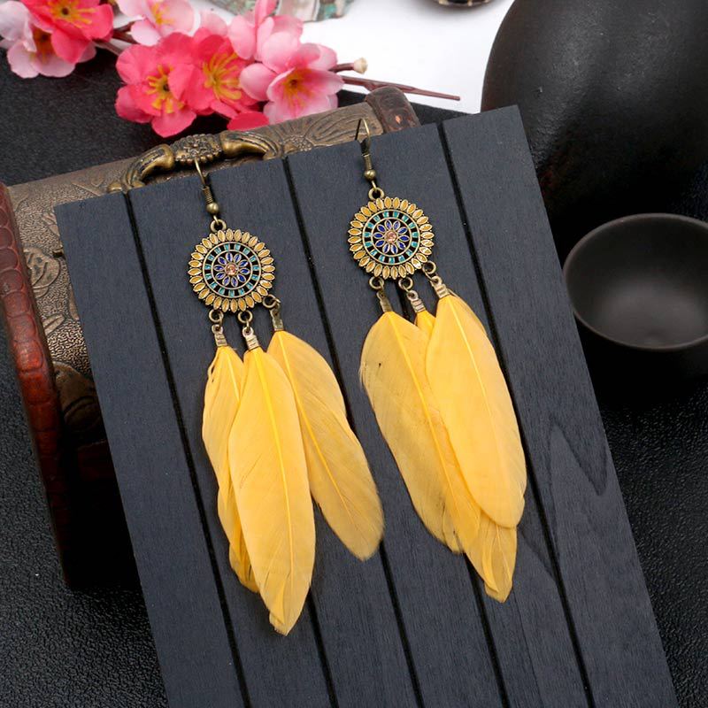 Retro Sunflower Feather Fringed Earrings