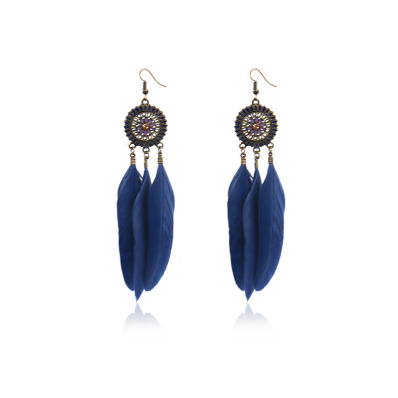 Retro Sunflower Feather Fringed Earrings