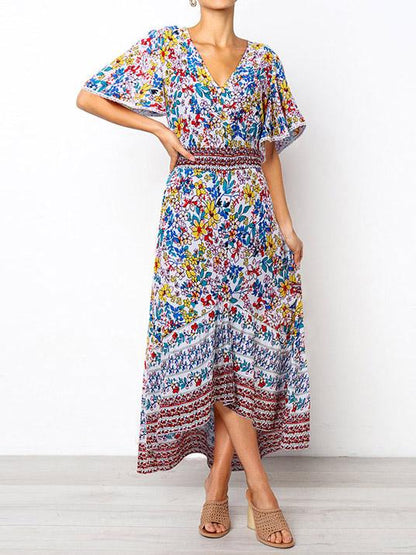 Printed Flared Sleeve Bohemian Flowers Maxi Dress