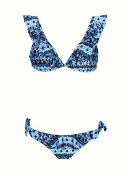 Lace Up Printed Falbala Bikini