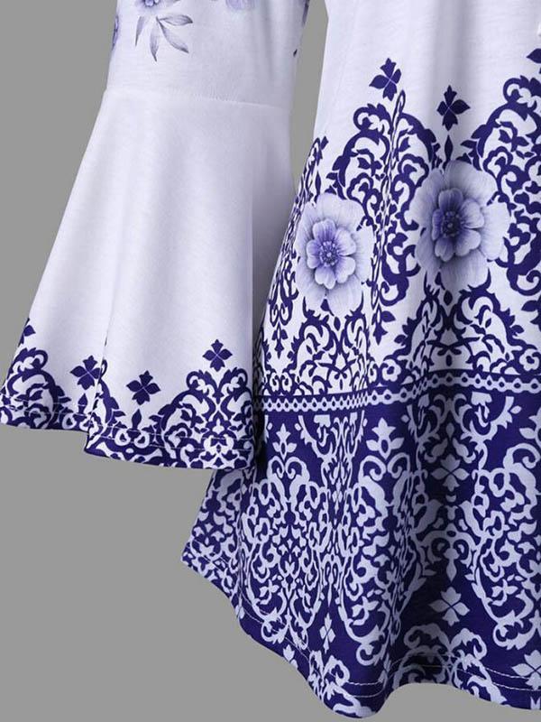 Puff Sleeves Printed A-Line  Blouses&Shirts Tops