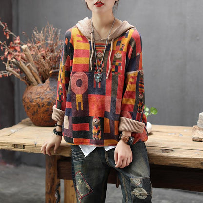 Buykud Retro Pullover Printed Loose Knitted Hoodie