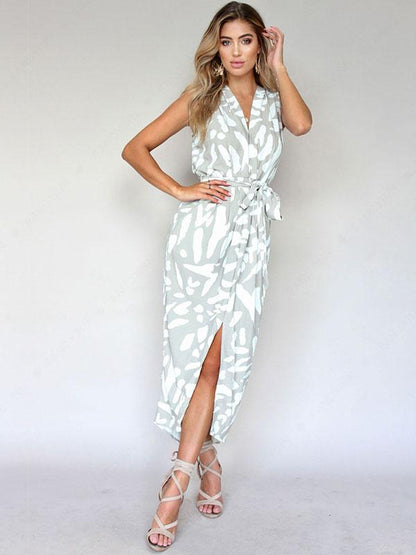 Bandage Waist Split-front Sleeveless Floral Midi Dress