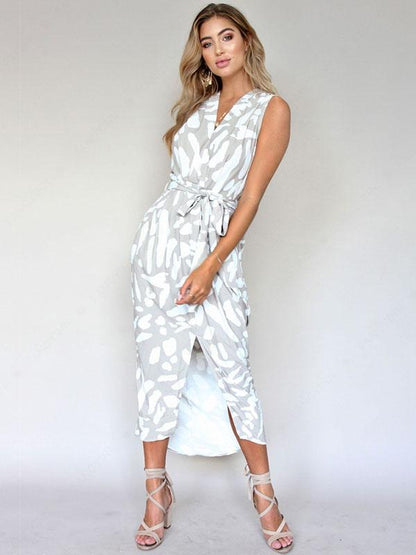 Bandage Waist Split-front Sleeveless Floral Midi Dress