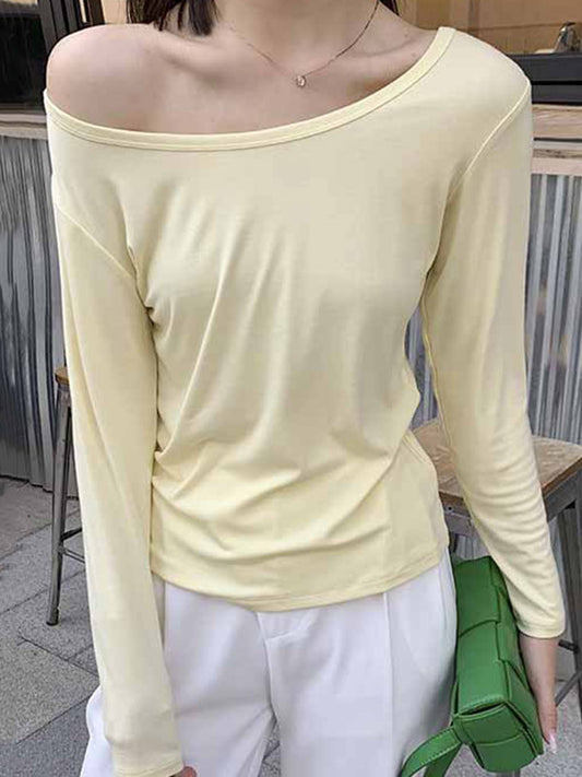 Casual Solid Color Long Sleeves Round-Neck T-Shirt Tops