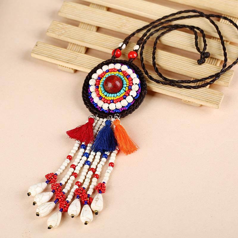 Buykud Colored Tassels And Turquoise Long Woven Necklace