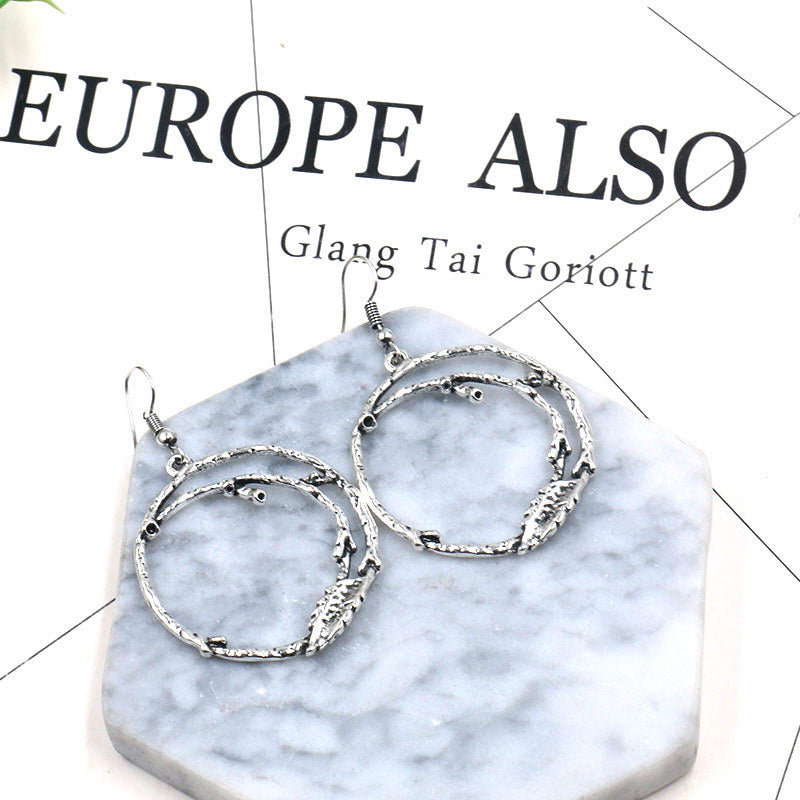 Gold retro hollow branch leaf shaped Big Circle Earrings
