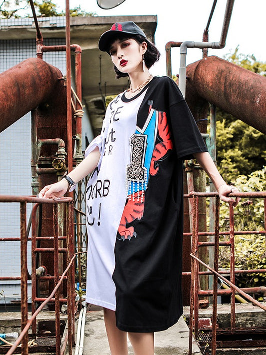 Loose Splicing Color Letter Beaded Print Cropped Long T-Shirt