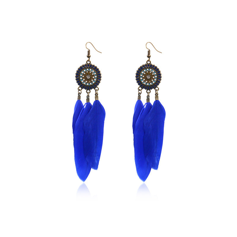 Retro Sunflower Feather Fringed Earrings