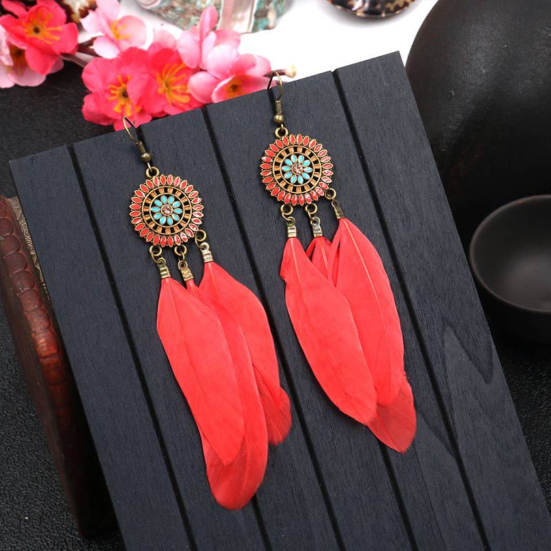 Retro Sunflower Feather Fringed Earrings