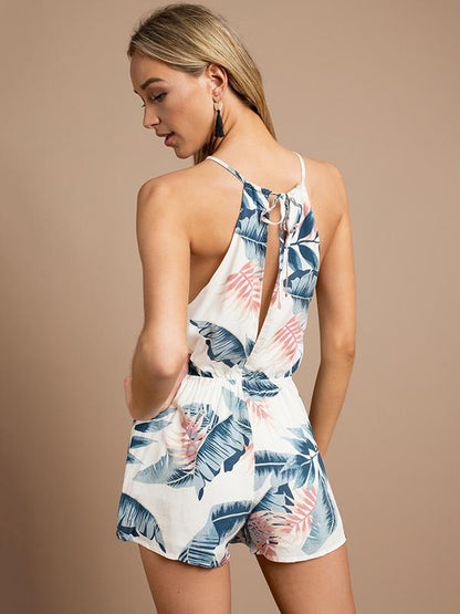 Floral Printed Lace-up Hollow Romper