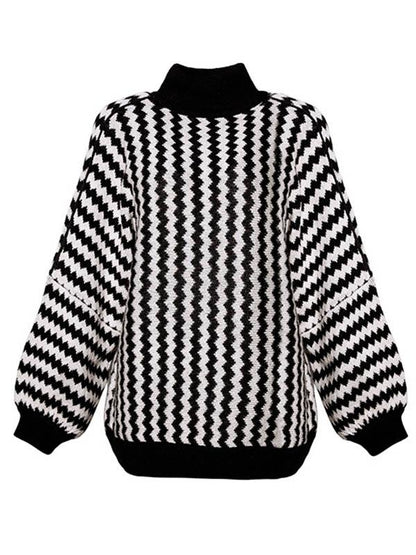 Casual Stripe Printed High-neck Sweater