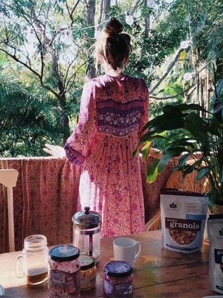 Pink Floral Long Sleeves Maxi Beach Bohemia Dress